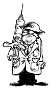 Illustration:  Cartoon doctor holding a big syringe